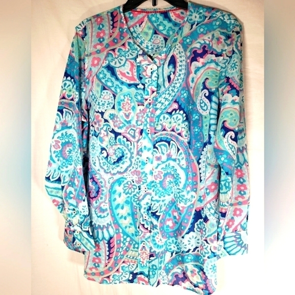 Torquoise Paisley Print Button Up Long Sleeve Shirt Sz L-XL - Picture 1 of 7